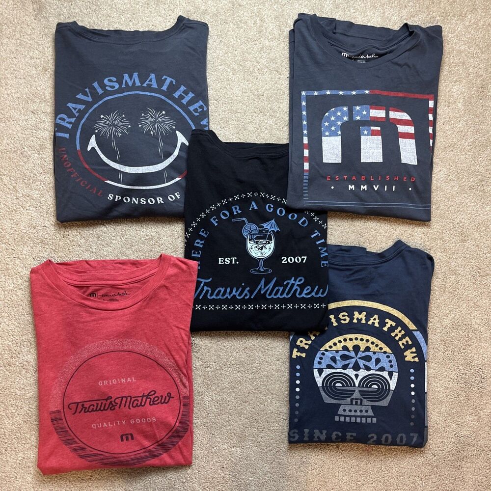 Travis Mathew T-Shirt LOT of 5 Mens Small Graphic USA 4th Drink Good Time Skull